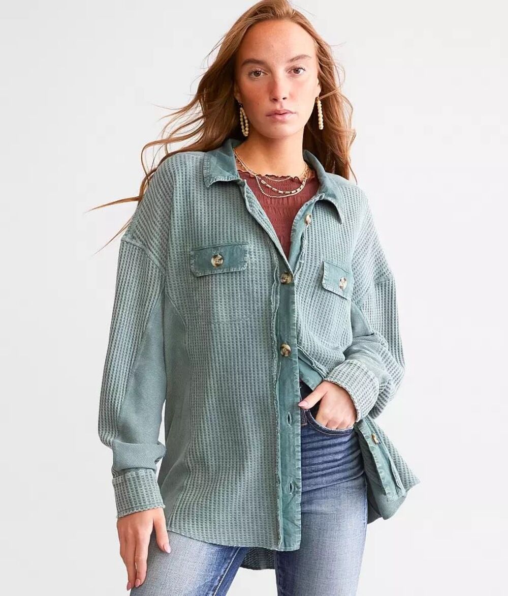 BKE Washed Waffle Knit Boyfriend Shirt Sea Pine Green oversized Medium NEW